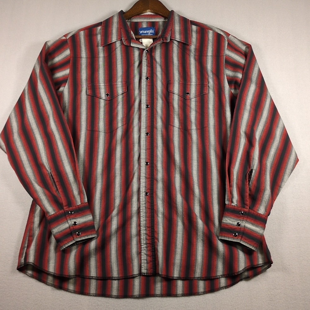 VTG Wrangler SZ XL Western Pearl Snap Striped Shirt Red Black White Long Sleeve